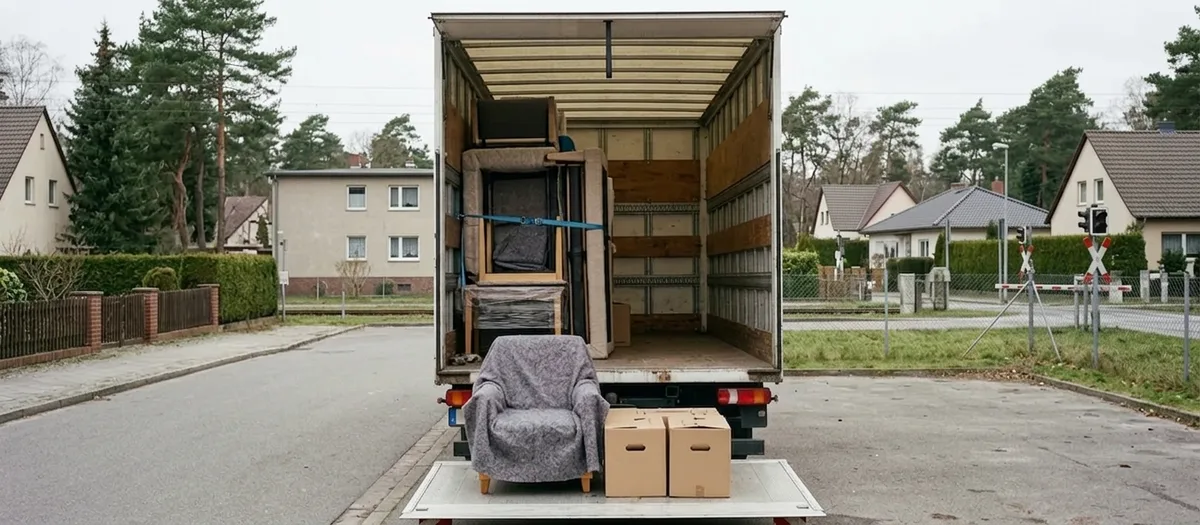 Einzelner Sessel und wenige Kartons stehen für eine Beiladung zwischen Erkner und Berlin auf der Ladebordwand