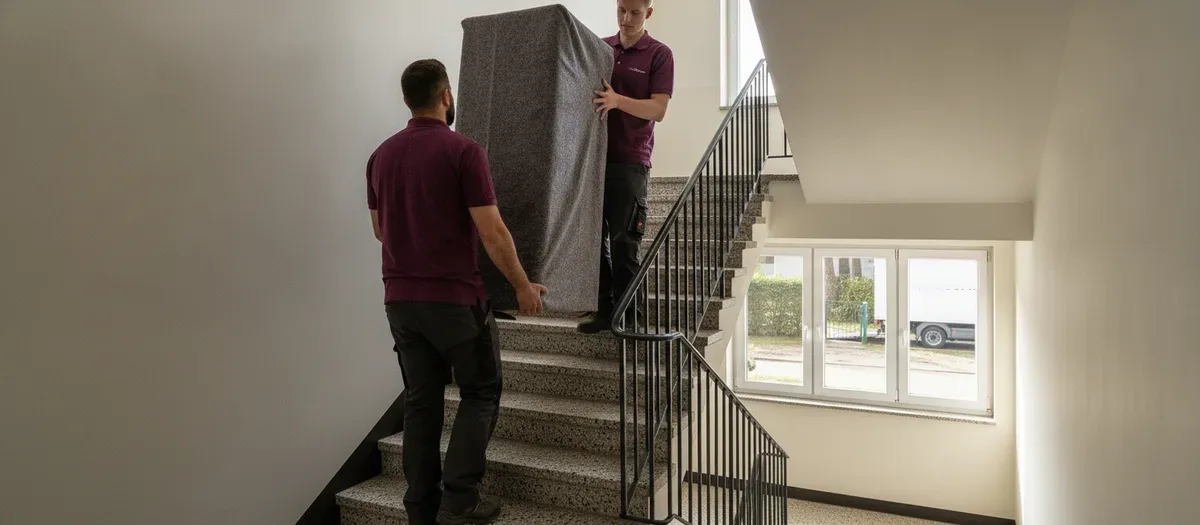 Möbel werden durch ein Treppenhaus getragen