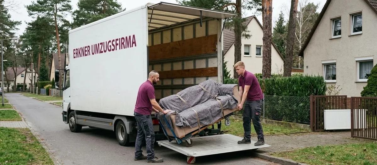 Ein einzelnes Sofa wird beim Möbeltransport in Erkner gesichert in den Umzugswagen geschoben