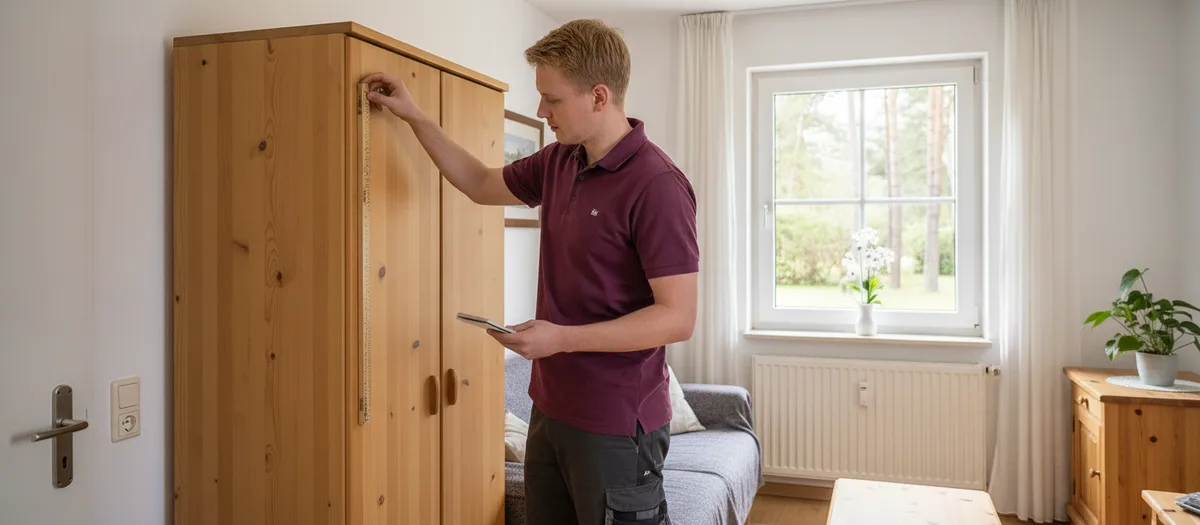 Umzugskraft misst beim kostenlosen Aufmaß in Erkner einen Kleiderschrank mit dem Zollstock