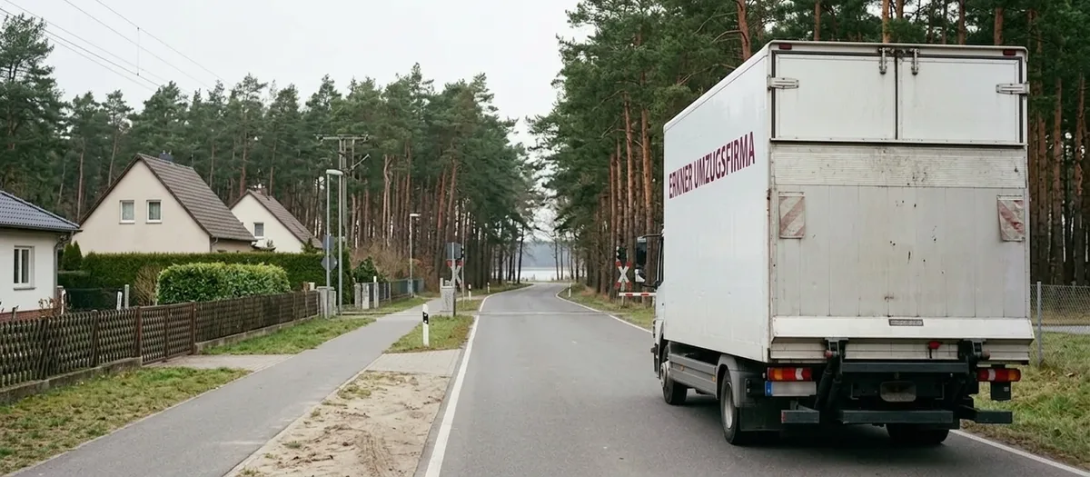 Umzugswagen der Erkner Umzugsfirma auf der Landstraße zwischen Erkner und Berlin