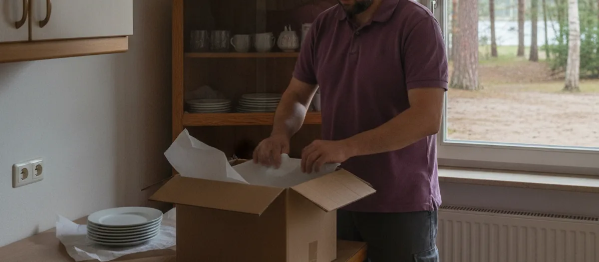 Umzugskraft packt Geschirr in Papier für den Umzug nach Bad Saarow mit Vollservice