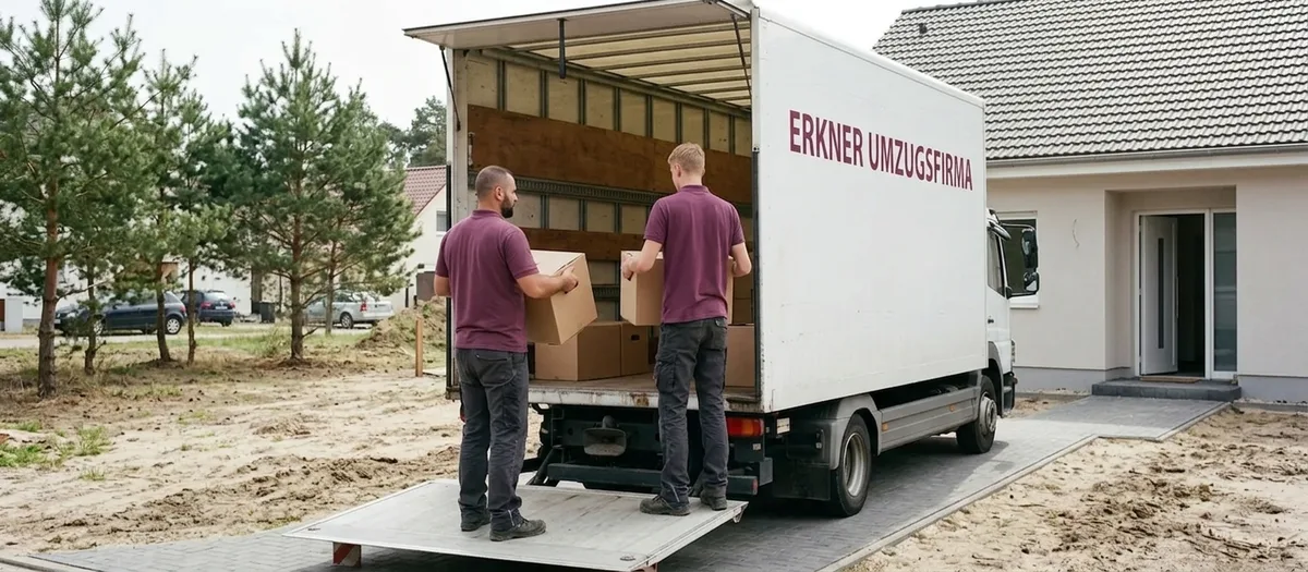 Umzugswagen aus der Stadt wird vor einem Neubau am Ortsrand von Erkner entladen