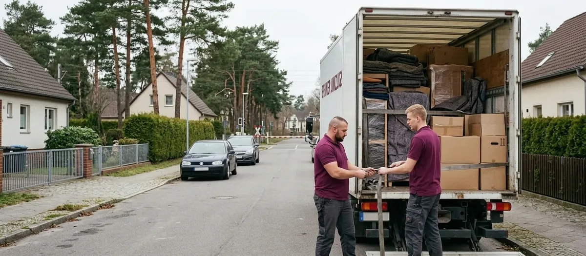 Umzugswagen wird vor einem Wohnhaus in Erkner für die Fahrt nach Berlin beladen