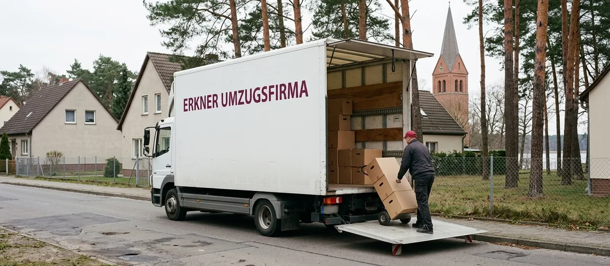 Umzugswagen der Erkner Umzugsfirma steht an einer Dorfstraße im Landkreis Oder-Spree