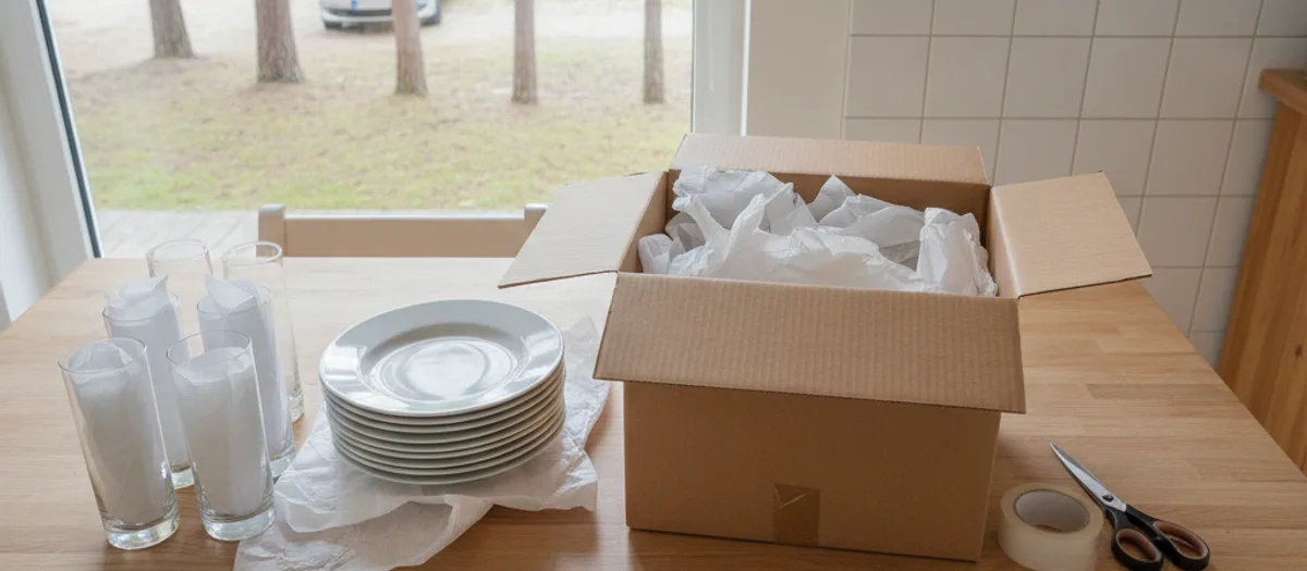 Umzugskarton wird mit Packpapier, Tellern und eingewickelten Gläsern sorgfältig gepackt